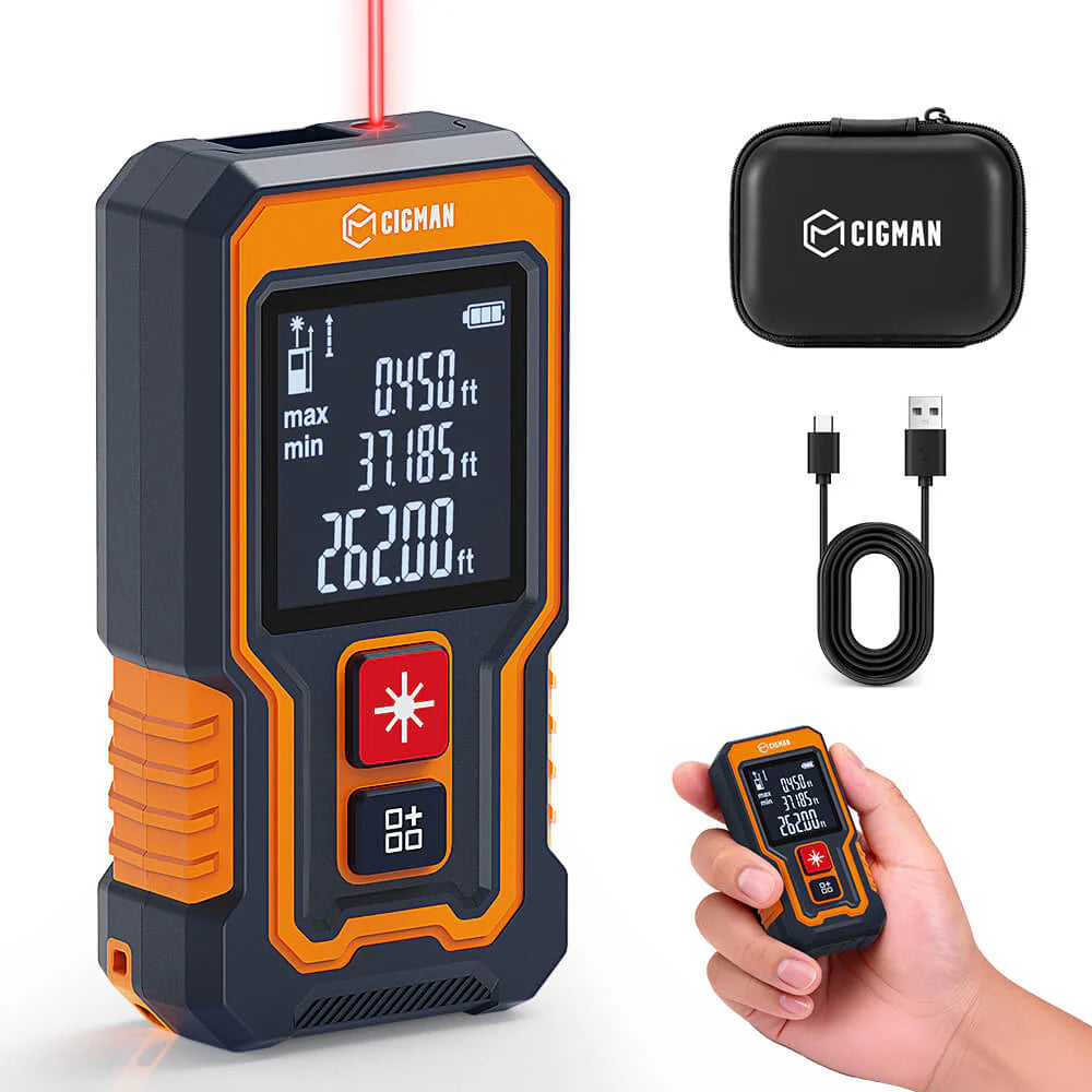 EU Direct CIGMAN CD-80T Laser Tape Measure 262 ft Range ±1/16 in Accuracy Compact Design USB-C Rechargeable Backlit LCD Display Six Measurement Modes IP54 Dustproof