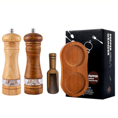IPRee 6-Inch Manual Pepper Grinder with Acacia Crafted and Ceramic Core Adjustable Coarse to Fine Wooden Salt Spice Mill with Serving Tray and Spoon Refillable Kitchen Grinding Tool