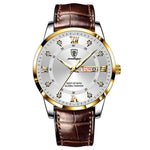 LinkMejor Luxury Rhinestone Business Men Quartz Watch Calendar Week Luminous Pointer Leather Strap Waterproof Wristwatch