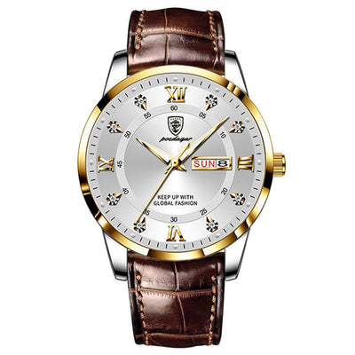LinkMejor Luxury Rhinestone Business Men Quartz Watch Calendar Week Luminous Pointer Leather Strap Waterproof Wristwatch