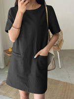 Solid Pocket Short Sleeve Casual Midi Dress