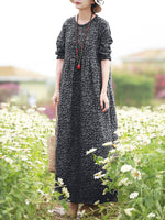LinkMejor Women Floral Print O-Neck Long Sleeve Bohemian Holiday Maxi Dress With Pocket
