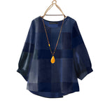 LinkMejor Women Retro Casual 3/4 Sleeve O Neck Shirt Top Plaid Loose Summer Ladylike Blouses