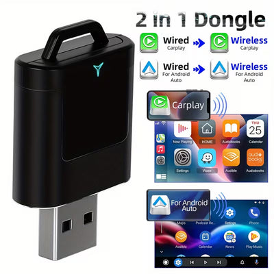 Wired to Wireless CarPlay Android Auto 2in1 Mini Adapter 5GHz WiFi5 Suitable for Original Wired Carplay/Auto Cars