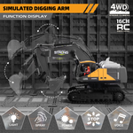 HJ Models 689-714A 1/16 2.4G 16CH RC Car Excavator Engineering Vehicles Alloy Bucket Digging 680° Rotation Spray LED Light Sound RTR Toys