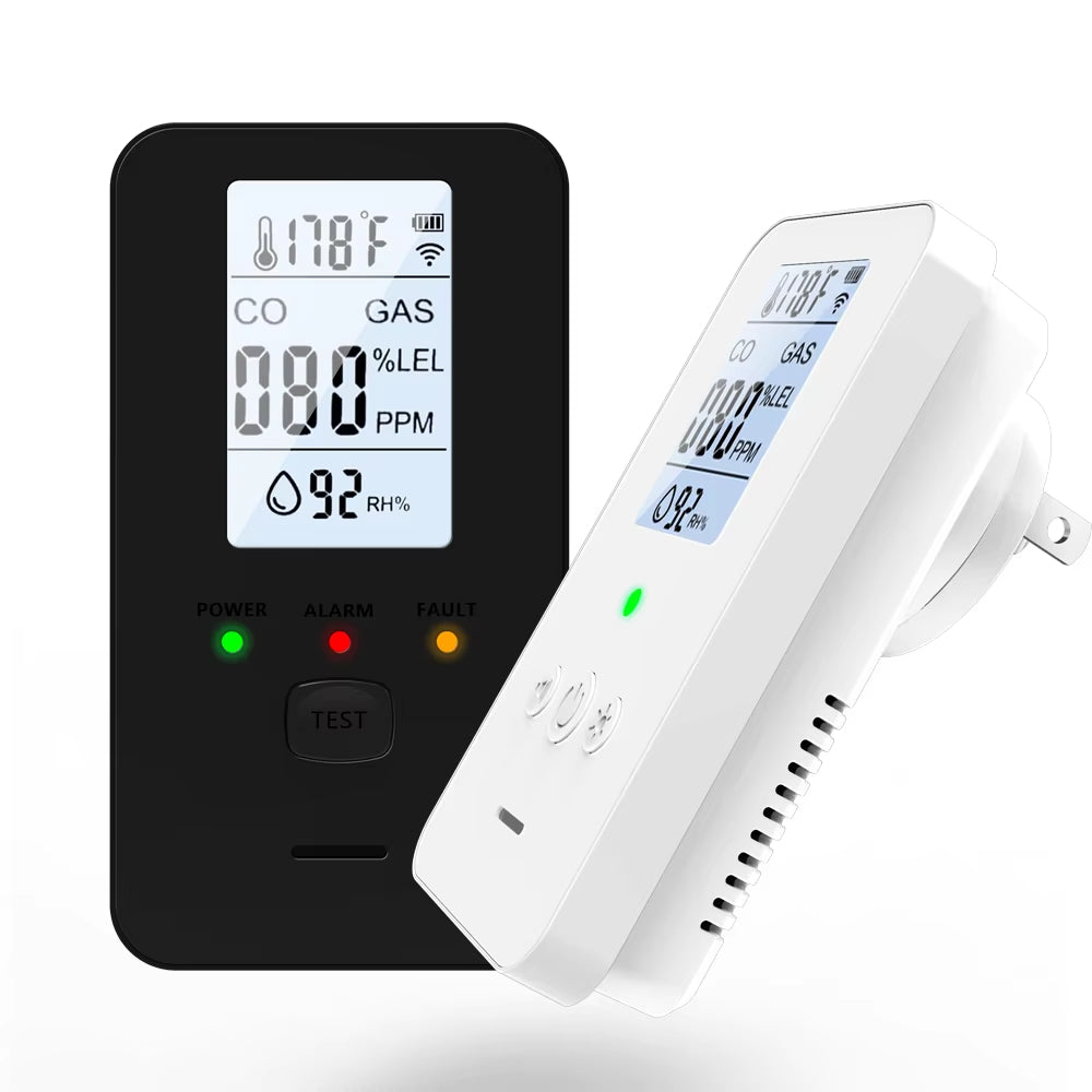 4 in 1 Gas Alarm Methane Carbon Monoxide Temperature Humidity Monitor High Decibel Warning LCD Display Plug and Play Safety Device