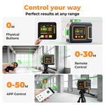 LinkMejor CM-S03 Laser Level 12 Lines LCD Display Green Beam 3x360° Self Leveling Tool IP54 Rechargeable Battery Remote Control for Construction Alignment