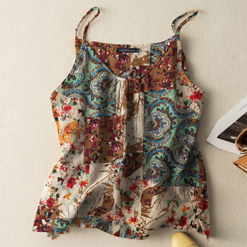 LinkMejor Women Camisole Tanks Top Ladies Cotton Linen Print Vest Sleeveless Undershirt Large Size Linen Loose Tanks