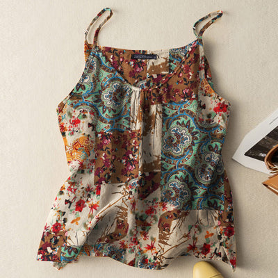 LinkMejor Women Camisole Tanks Top Ladies Cotton Linen Print Vest Sleeveless Undershirt Large Size Linen Loose Tanks