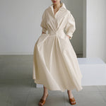 LinkMejor Women Fashion Autumn Sundress Elegant Women Lapel Neck Long Sleeve Solid OL Vestidos Robe Femme Long Shirt Dress Oversized