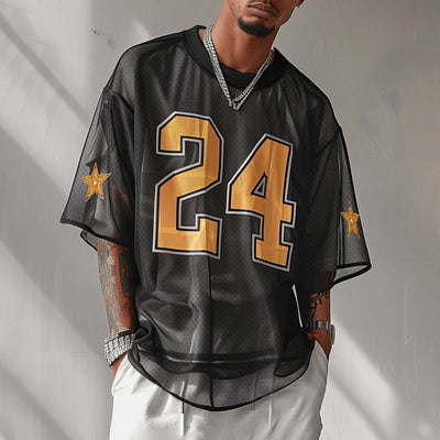 LinkMejor Mens Mesh Number Print Short-Sleeve T-Shirt Fashion Streatwear Matching Jerseys Top for Male Plus Size S-5XL