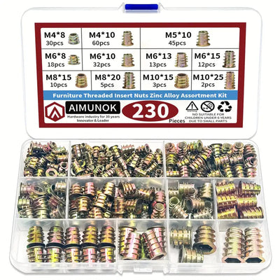 230pcs Threaded Wood Inserts Nuts Assortment Kit Nut Inserts with 11 Metric Sizes M4/M5/M6/M8/M10 Hex Socket Drive Furniture Screw In Nuts Bolts Fastener for Woodworking DIY Projects