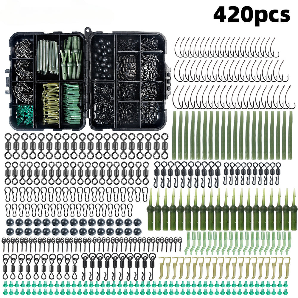 Anmuka 420pcs Fishing Tackle Kit ABS Boxed Fishing Accessories Set with Hooks Swivels Beads Locking Pins Screw Block Beans Anti-winding Sleeves Fit for Anglers