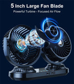Fusika 12V 24V Dual Head Car Fan Dual USB Ports Brushless Motor 3 Speed Adjustment Auto Oscillation Universal Vehicle Cooling Fan