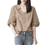 LinkMejor Women's Blouse Commute New Fashion Lantern Sleeve V-Neck Lapel Solid Office Top Shirt