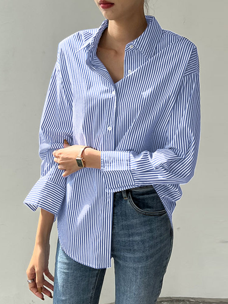 Stripe Print Long Sleeve Button Front Lapel Shirt