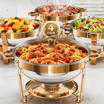 LinkMejor 5QT Rose Gold Chafing Dishes for Buffet 2/4 Packs Stainless Steel Round Chafers and Buffet Warmers Sets with Glass Lid & Lid Holder Stackable Design for Catering Events Parties Weddings