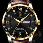 LinkMejor Luxury Rhinestone Business Men Quartz Watch Calendar Week Luminous Pointer Leather Strap Waterproof Wristwatch