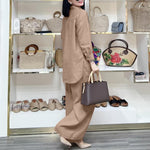 LinkMejor Women Suits - Long Sleeve Lantern Sleeve Elastic Waist Pants Wide Leg Pants with Pockets Casual Tops Trousers Two-Piece Set Plus Size