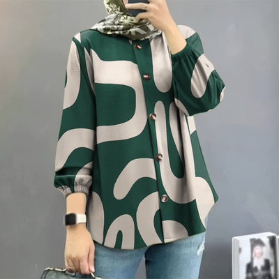 LinkMejor Ethnic Style Women Blouse Lantern Sleeve Geometric Pattern Shirt Fashion O-Neck Button Up Top