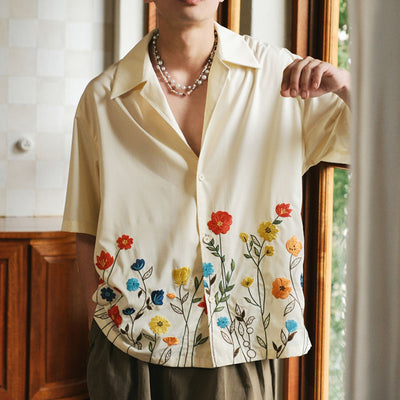 LinkMejor Mens Shirts Fashion Floral Print Revere Collar Short Sleeve Shirt Summer Daily Beach Shirts