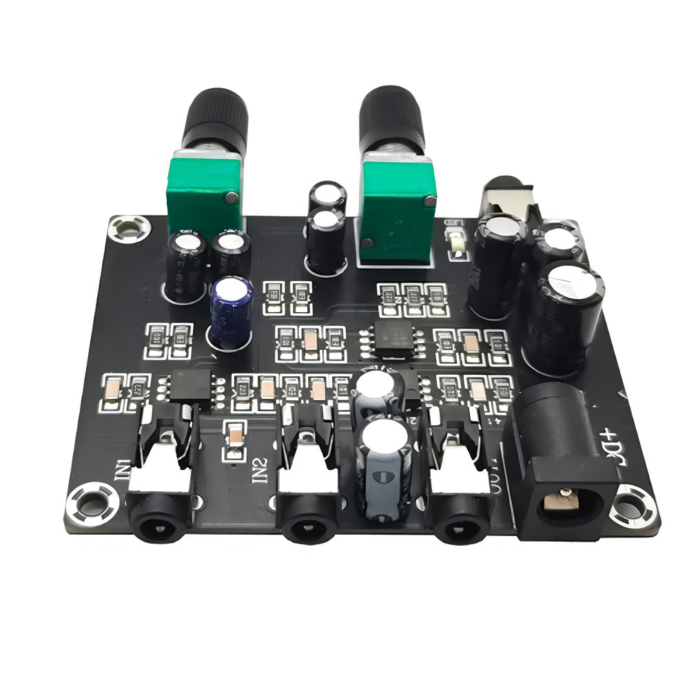 HiFi 2-Way 2-Channel Stereo Audio Signal Mixer Board DC 5-24V 3.5mm Interface Low Noise Amplifier with Volume Control for Headphones Amplifiers