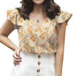 LinkMejor Women's Blouse Vintage Shirt Summer Ruffle Short Sleeve V-Neck Floral Loose Hot Selling Style Top Pullover