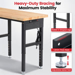 LinkMejor 96Inch Adjustable Work Bench 5000 LBS Capacity Heavy Duty Workbench with Power Outlet & Pegboard Rubber Wood Work Table for Garage Workshop Office Home