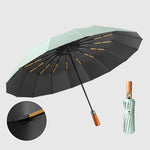 16-Bone Double Fully Automatic Rain Umbrella Keel Wooden Handle Sun Protection Umbrellas Large Folding Business Umbrella For Sunny Rainy Days