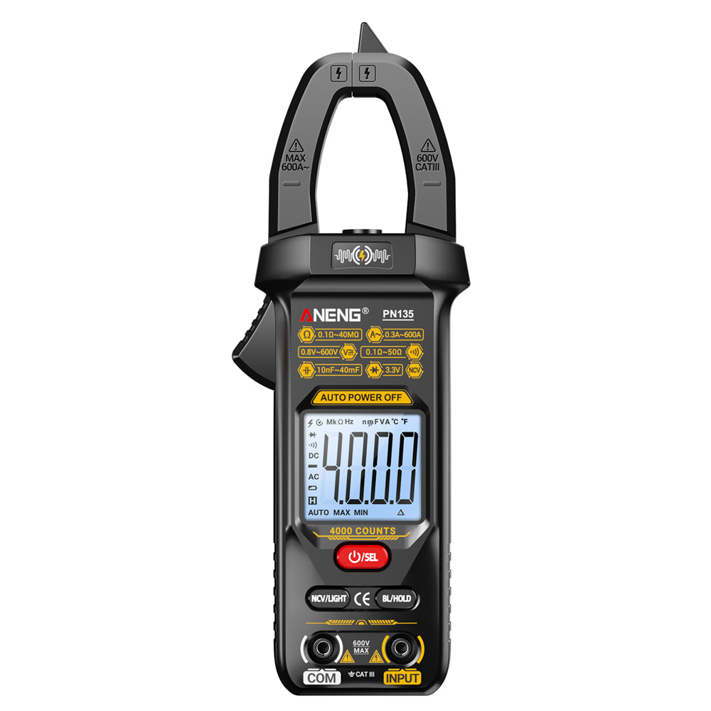 LinkMejor PN135 Clamp Meter Digital Multimeter 4000 Counts 600A 600V AC DC Voltage Current Tester Non Contact NCV Flashlight Backlight Auto Shut Off Data Hold Function 4000 Counts