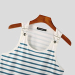 LinkMejor Men Tanks Top Blue White Knitted Undershirt with Horizontal Stripes Buckle Back High Stretch Vest for Men