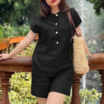 LinkMejor Womens Casual 2pcs Sets Short Sleeve Top Blouse Elastic Waist Pants Loose Suits
