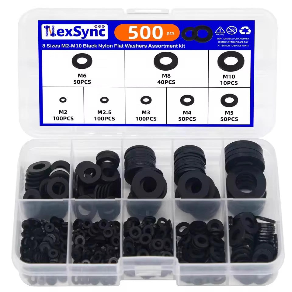 500Pcs 8 Size Black Nylon Flat Washers Set M2 M2.5 M3 M4 M5 M6 M8 M10 Assortment Kit Plane Spacer Insulation Gasket Ring