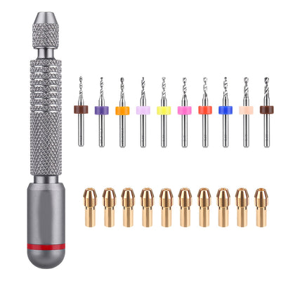 Mini Pin Vise Hand Drill Set Precision 360 Rotation Metal Construction Non Slip Handle 10 Chuck 10 Spiral Drill Bits Wood PVC Plastic Crafting Jewelry Model Making Tools