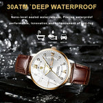 LinkMejor Luxury Rhinestone Business Men Quartz Watch Calendar Week Luminous Pointer Leather Strap Waterproof Wristwatch