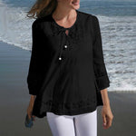 LinkMejor Women's Shirt Solid Lace Blouse Eyelet Lace Patchwork 3/4 Length Sleeve Top Summer Daily Casual Shirts