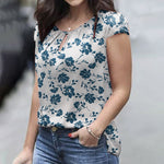 LinkMejor Womens Floral Print Ruffled Open Round Neck Design Short Sleeve Shirts