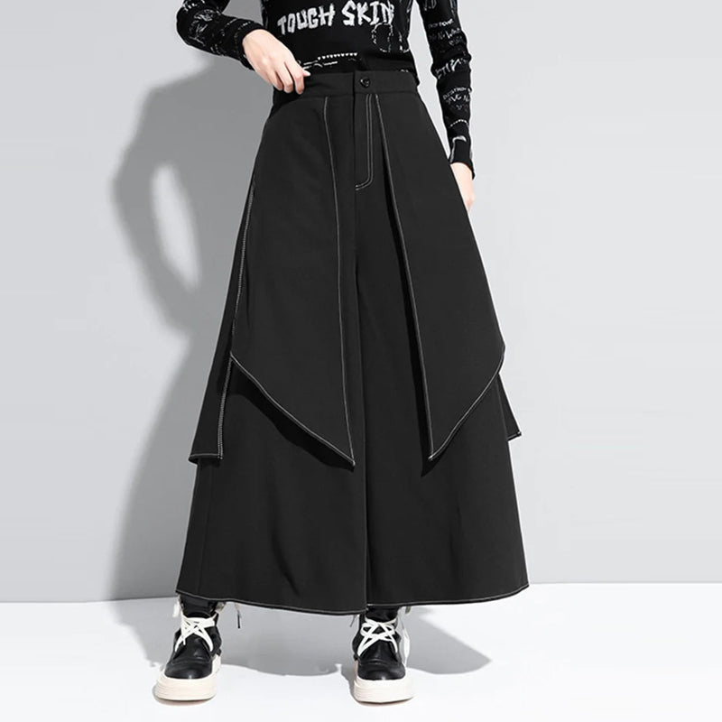 LinkMejor Mens Topstitching Irregular Layered Design Black Pants Skirt Design Hemmed Trousers