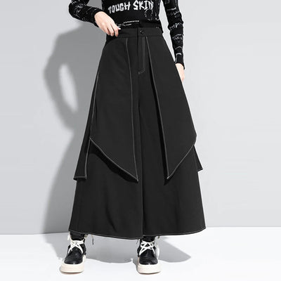 LinkMejor Mens Topstitching Irregular Layered Design Black Pants Skirt Design Hemmed Trousers