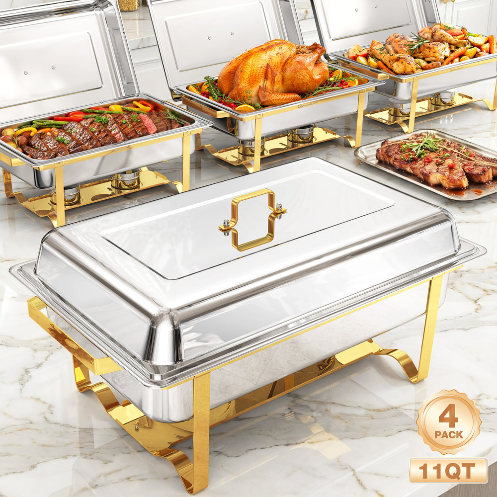 LinkMejor 4 Pack Chafing Dishes for Buffet 11QT Large Size & Stackable Stainless Steel Chafing Dish Buffet Set Rectangular Food Warmers for Parties Buffet Catering Supplies