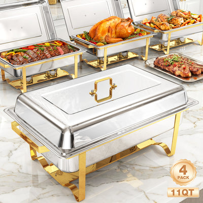 LinkMejor 4 Pack Chafing Dishes for Buffet 11QT Large Size & Stackable Stainless Steel Chafing Dish Buffet Set Rectangular Food Warmers for Parties Buffet Catering Supplies