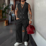 LinkMejor Mens Solid Color Double-Breasted Two Pieces Outfit Sleeveless Blazer Vest Pant Casual Suit for Male