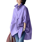 LinkMejor Womens Office Casual Solid Color Long Sleeve Shirts with Pockets Elegant Lapel Button Up Midi Blouse
