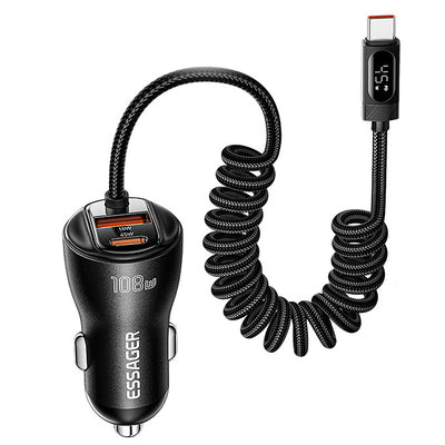 LinkMejor ES-CC29 108W 3-Port USB PD Car Charger Adapter USB-A+Type-C+Type-C Cable Support PD3.0 QC2.0/3.0/4.0 PPS SCP FCP AFC Fast Charging with LED Digital Display for iPhone 17 17Pro 16 Pro Max 15 14 for Huawei Mate XTs for OPPO for VIVO