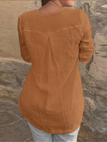 Cotton Solid Button Ruched High-Low Hem Casual Blouse