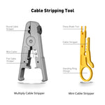 RJ45 Crimp Tool Kit Cat6 Cat5e Network Cable Tester Pass Through Connectors Wire Cutter Mini Stripper Strain Relief Boots 1000m Test Distance Crimping Cutting Stripping Tools