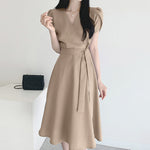 LinkMejor Womens Puff Sleeve V Neck Belted A Line Midi Dress Party Gown Long Dresses