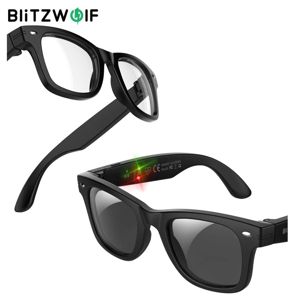 BlitzWolf BW-AG1 AI Smart Glasses Heart Rate Blood Oxygen Monitoring UV Detection 100+ Languages AI Translation HiFi Audio IP66 Waterproof Fitness Tracking Smart Audio Glasses
