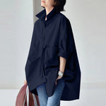 LinkMejor Womens Office Casual Solid Color Long Sleeve Shirts with Pockets Elegant Lapel Button Up Midi Blouse