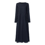 LinkMejor Women Long Sleeved Long Dress with Side Pockets Lace Patchwork Casual Long Maxi Dress for Spring Fall